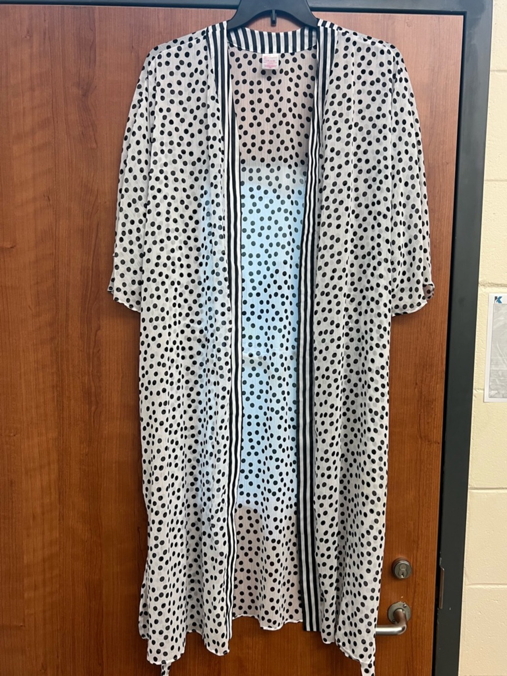 No Boundaries Sheer Black & White Polka Dot Kimono with Striped Trim